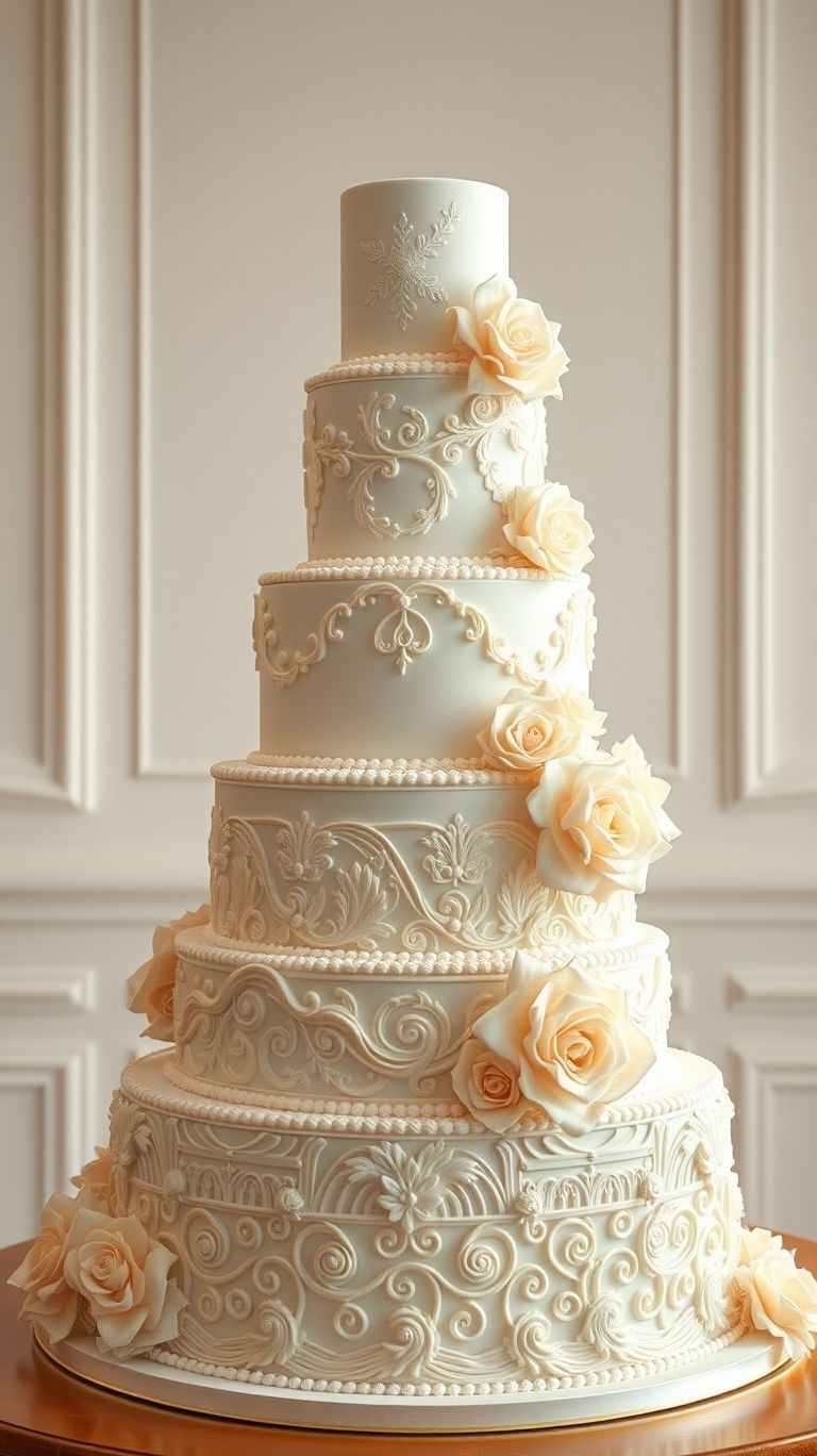 Nothing says ‘classic romance’ like a white wedding cake with intricate lace details—because love is in the little things!