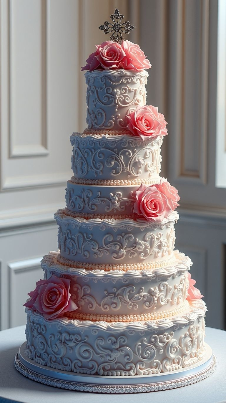 Traditional meets breathtaking with this white lace wedding cake! Pure sophistication in every tier, ready to wow your guests.