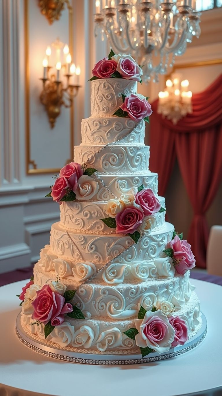 Delicate lacework, flawless white tiers, and a touch of vintage charm—this cake is a true masterpiece for your big day!