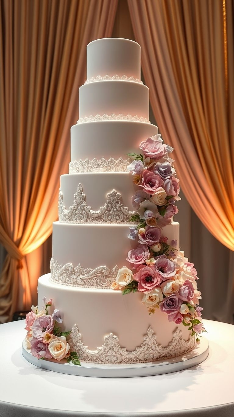 An exquisite mix of tradition and artistry—white wedding cakes with lace designs never go out of style!