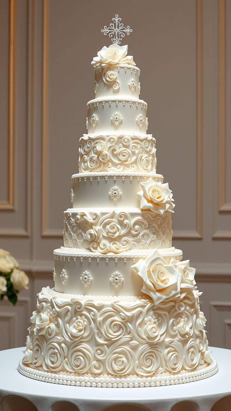 Chic, classic, and endlessly romantic—this white wedding cake with lace details is the sweetest way to say ‘I do’!