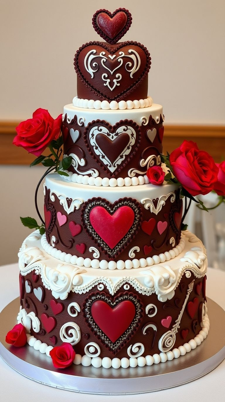 75+ Chocolate Wedding Cakes That Are Too Indulgent to Ignore | Pocoko Why settle for one flavor when you can have both? White and chocolate wedding cakes with heart details make every bite taste like romance!
