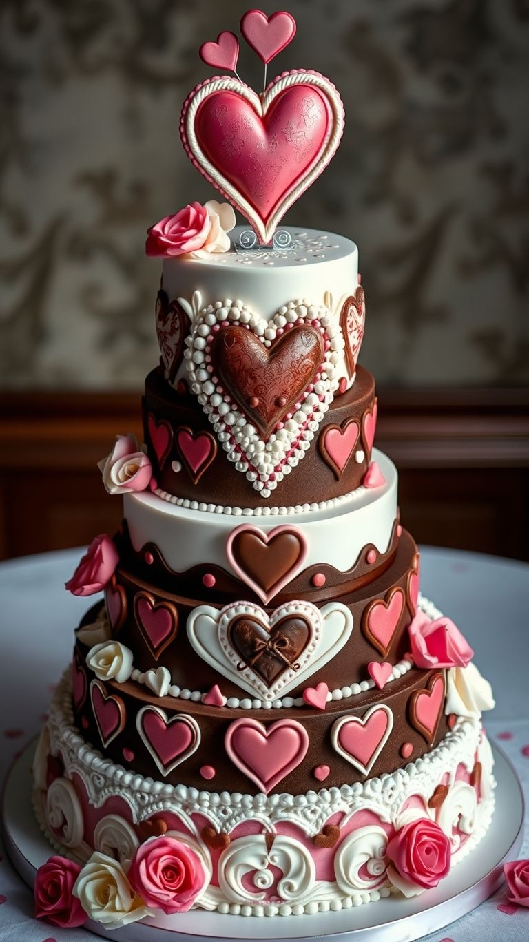 75+ Chocolate Wedding Cakes That Are Too Indulgent to Ignore | Pocoko Romance meets decadence with this heart-covered chocolate and white wedding cake—the perfect way to celebrate love in layers!
