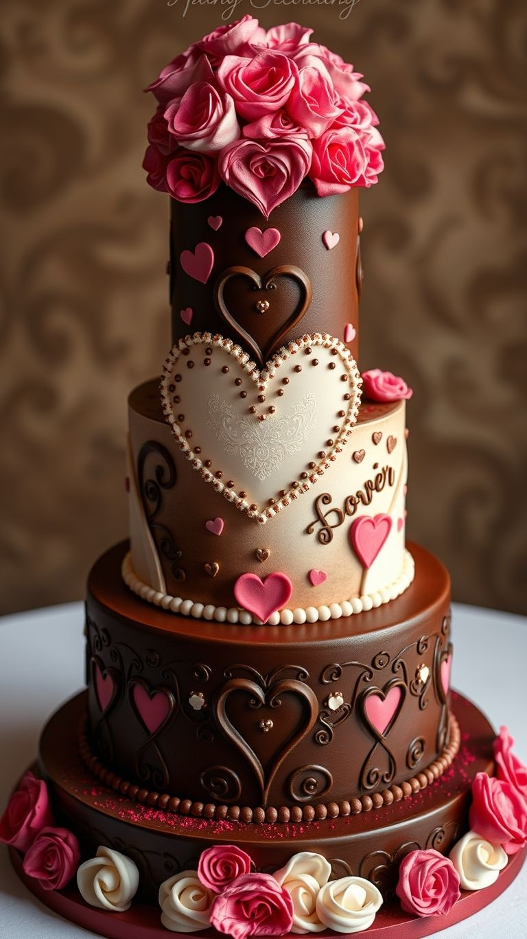 75+ Chocolate Wedding Cakes That Are Too Indulgent to Ignore | Pocoko The perfect cake for the perfect love story! White and chocolate flavors, hearts on top, and pure wedding day magic in every slice.