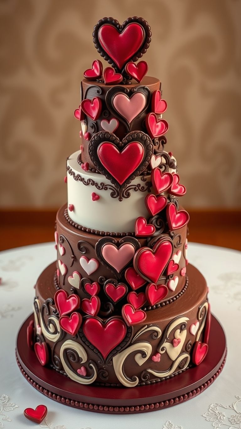 75+ Chocolate Wedding Cakes That Are Too Indulgent to Ignore | Pocoko A love story told in frosting! White and chocolate layers with heart details make this wedding cake a stunning tribute to romance.