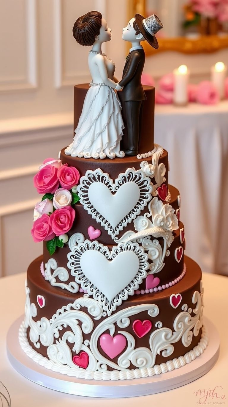 75+ Chocolate Wedding Cakes That Are Too Indulgent to Ignore | Pocoko Love is layered—and so is this wedding cake! White and chocolate tiers topped with hearts make every bite a celebration of forever.