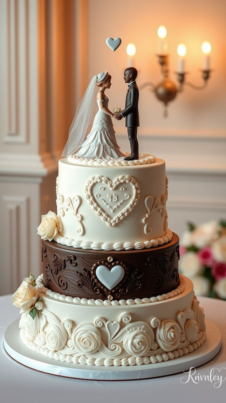 75+ Chocolate Wedding Cakes That Are Too Indulgent to Ignore | Pocoko Classic white meets rich chocolate in a wedding cake made with love—literally! Adorned with hearts, this sweet masterpiece is romance on a plate.