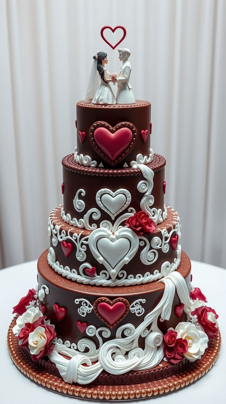 75+ Chocolate Wedding Cakes That Are Too Indulgent to Ignore | Pocoko White and chocolate meet in perfect harmony, wrapped in delicate hearts—because your love deserves a cake that’s just as beautiful!
