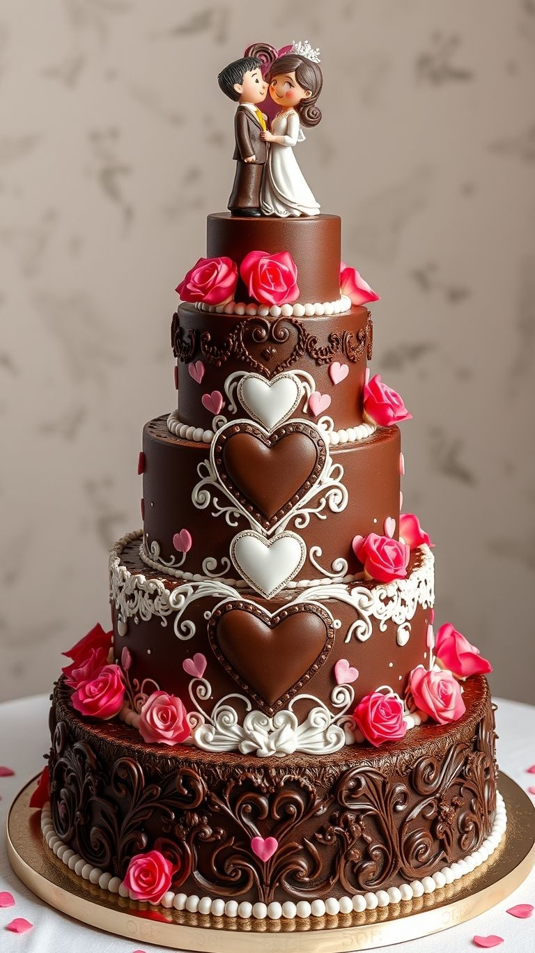 75+ Chocolate Wedding Cakes That Are Too Indulgent to Ignore | Pocoko Chocolate for passion, white for purity, and hearts for love—this wedding cake is more than dessert; it’s a symbol of forever.