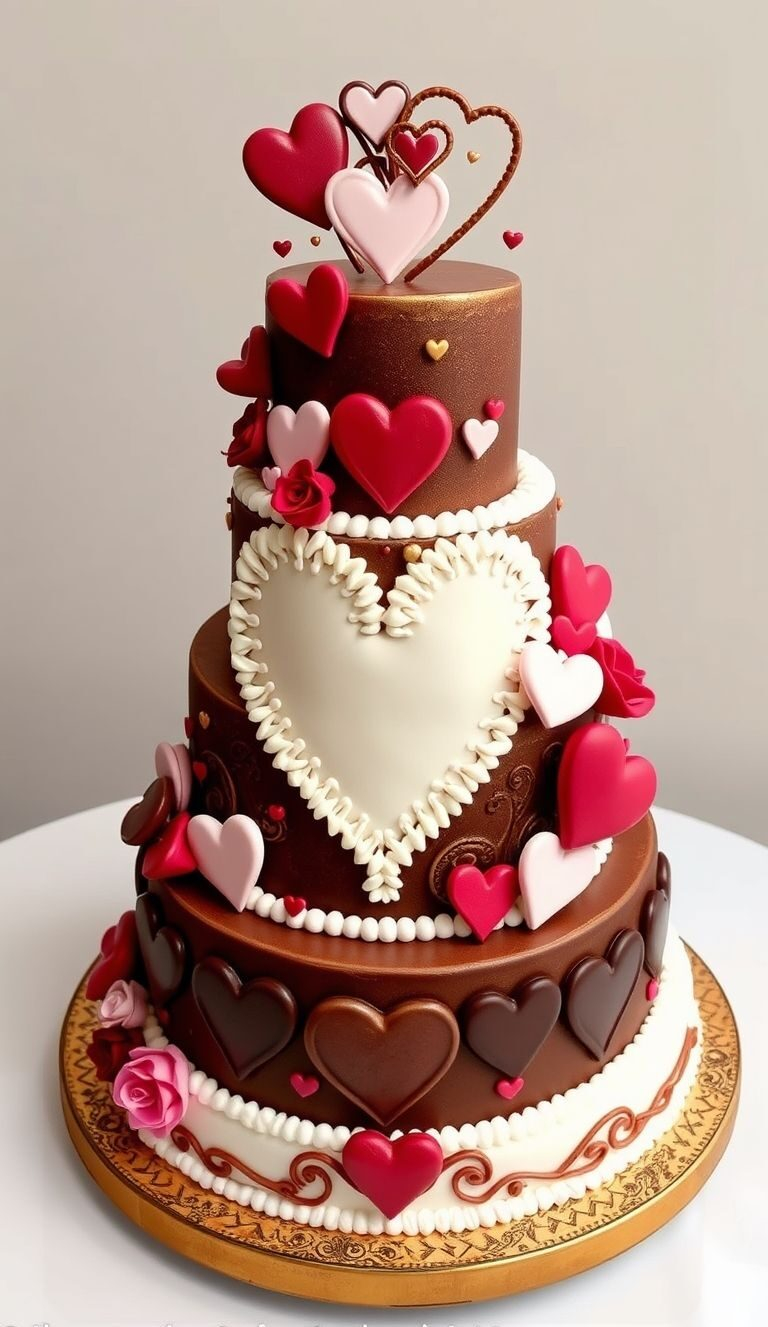 75+ Chocolate Wedding Cakes That Are Too Indulgent to Ignore | Pocoko Chocolate for passion, white for purity, and hearts for love—this wedding cake is more than dessert; it’s a symbol of forever.