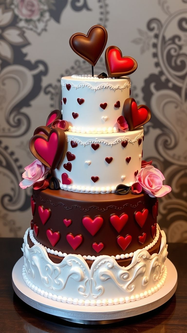 75+ Chocolate Wedding Cakes That Are Too Indulgent to Ignore | Pocoko Love is layered, just like this wedding cake! White and chocolate meet in a dreamy union, topped with delicate hearts for a perfect finish.