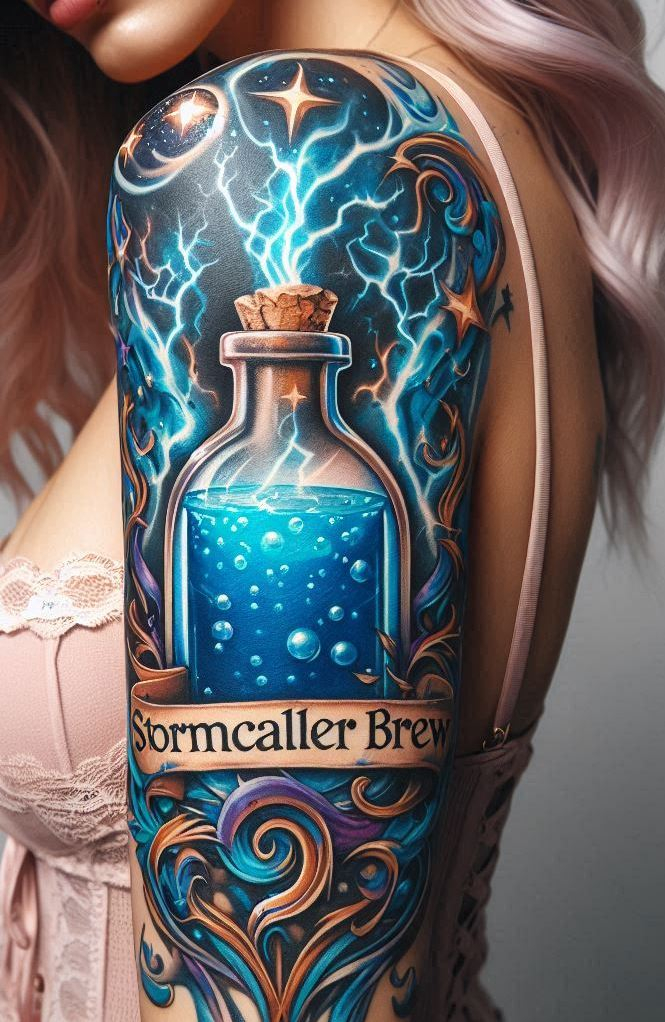 Bold, mystical, and brewing with energy—Stormcaller Brew tattoos strike like lightning with their enchantingly magical vibes!
