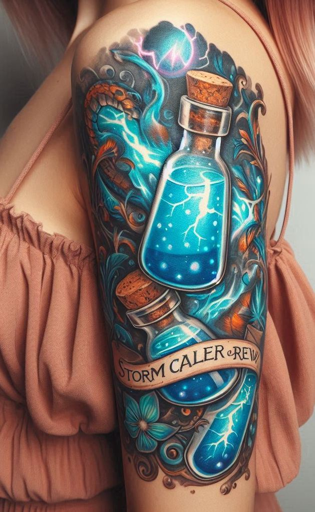 Potion tattoos that rumble and roar! Stormcaller Brew designs bring tempest energy with detailed charms and lightning-infused aesthetics.