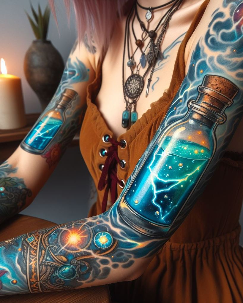 A dash of thunder, a swirl of shadow, and boom—you've got a tattoo that's pure enchanted drama. The Stormcaller Brew never disappoints!