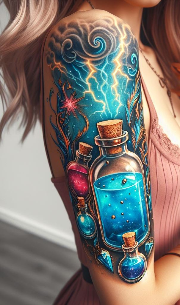 Who needs a wand when you’ve got a storm in a vial? These potion tattoos pack a punch of power, mysticism, and moody beauty!