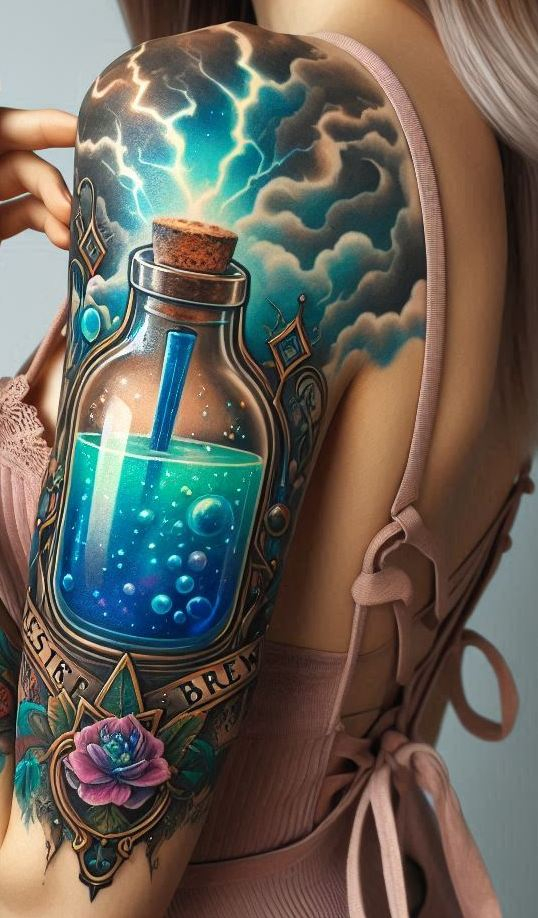 Perfect for those with tempestuous souls and a love for lore. These potion tattoos channel Stormcaller Brew’s chaotic elegance!
