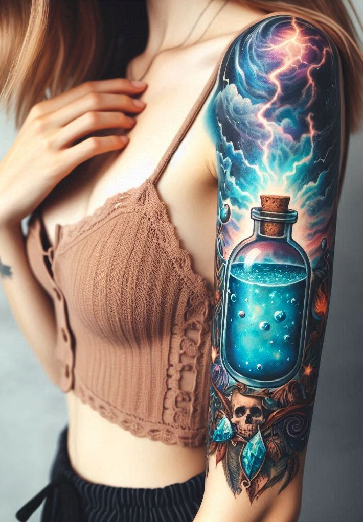 Why summon a storm when you can ink it? These magical potion tattoos radiate power, potion lore, and pure tattoo sorcery.