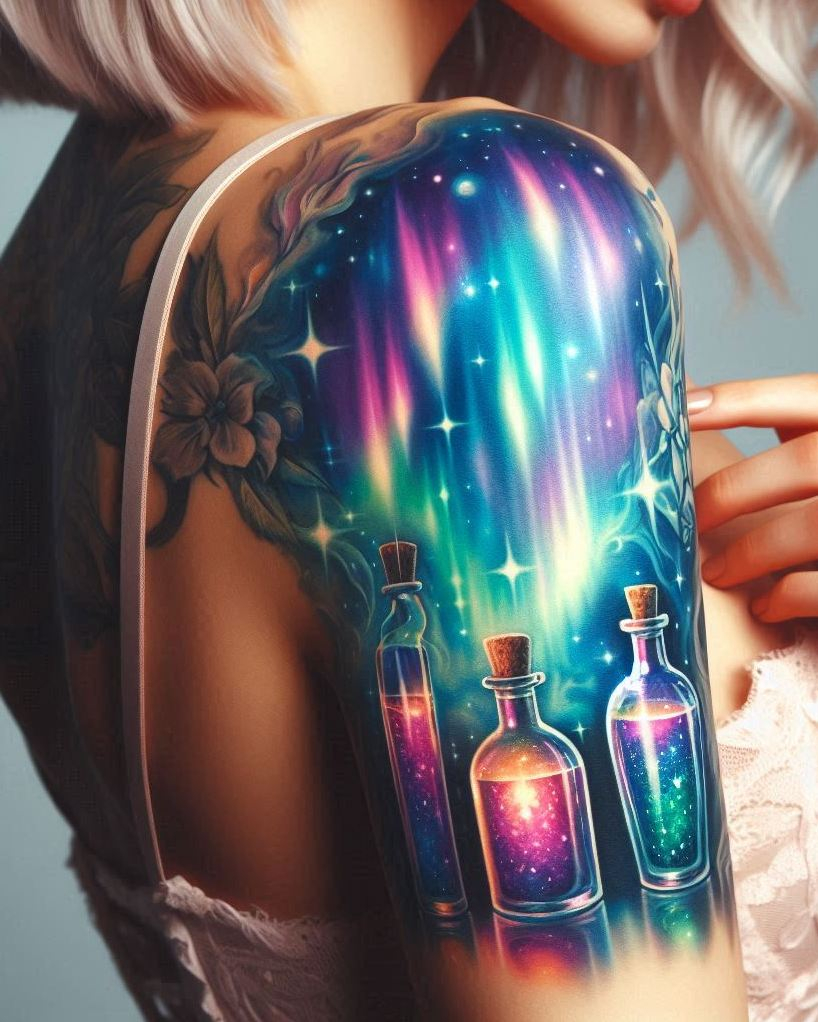Ink the northern lights into your story! Aurora Borealis Brew tattoos shimmer with cosmic magic and ethereal mystery.