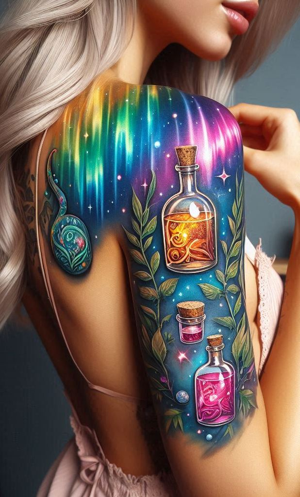 Bottled light meets bottled magic—Aurora Borealis Brew tattoos swirl with glowing gradients and celestial charm.