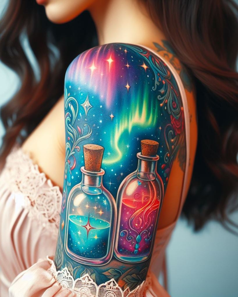 Think moonlit alchemy and polar sparkle—Aurora Brew tattoos shimmer with frozen fantasy and magical magnetism.