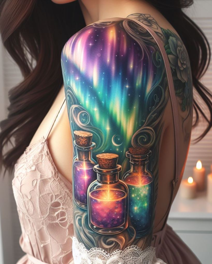 Mystic potions that shine like midnight skies! These tattoos bottle the aurora’s glow and freeze it into spellbinding designs.