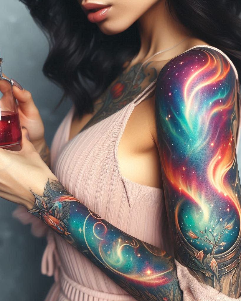 Celestial wonder bottled into spellbinding ink—Aurora Borealis Brew tattoos glow with northern charm and lunar energy!