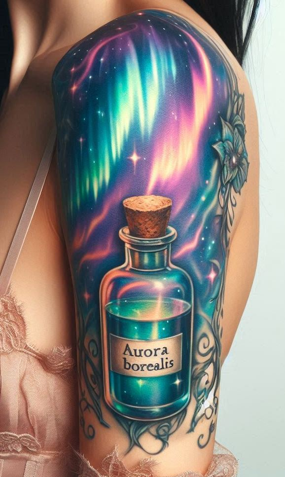 Where dreams meet the midnight sky—these potion tattoos radiate Aurora Borealis elegance with otherworldly glow.