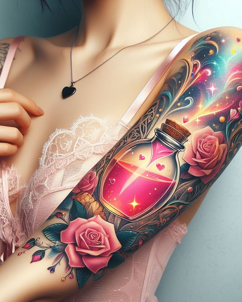 Cosmic love in potion form? Yes, please! These tattoos capture Aurora’s embrace with dreamy colors, sparkling stardust, and a sprinkle of tender magic.