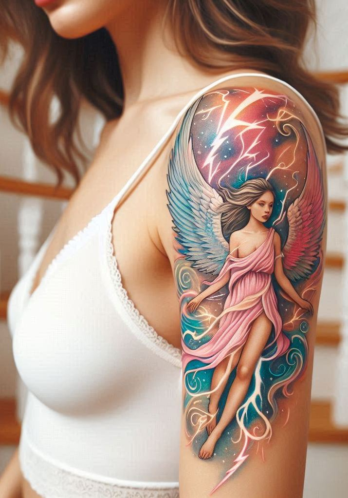 Grace meets thunder in this celestial tattoo blend—Aurora angels and lightning bolts collide for a design that’s equal parts divine and electric!