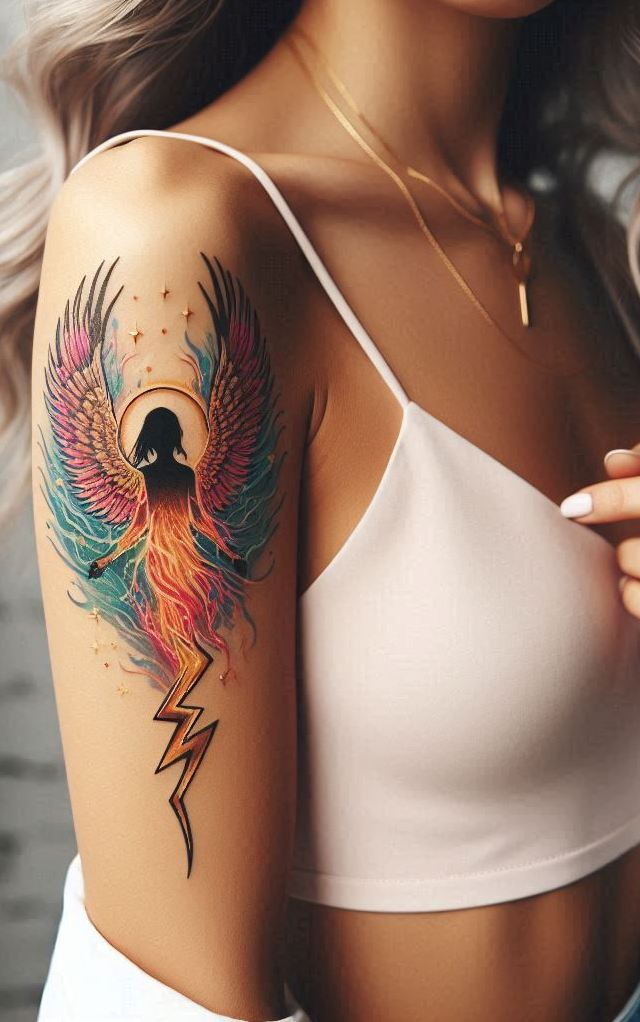 Strike with beauty and soar with intensity! These Aurora angel and lightning designs make skin storytelling look downright magical.