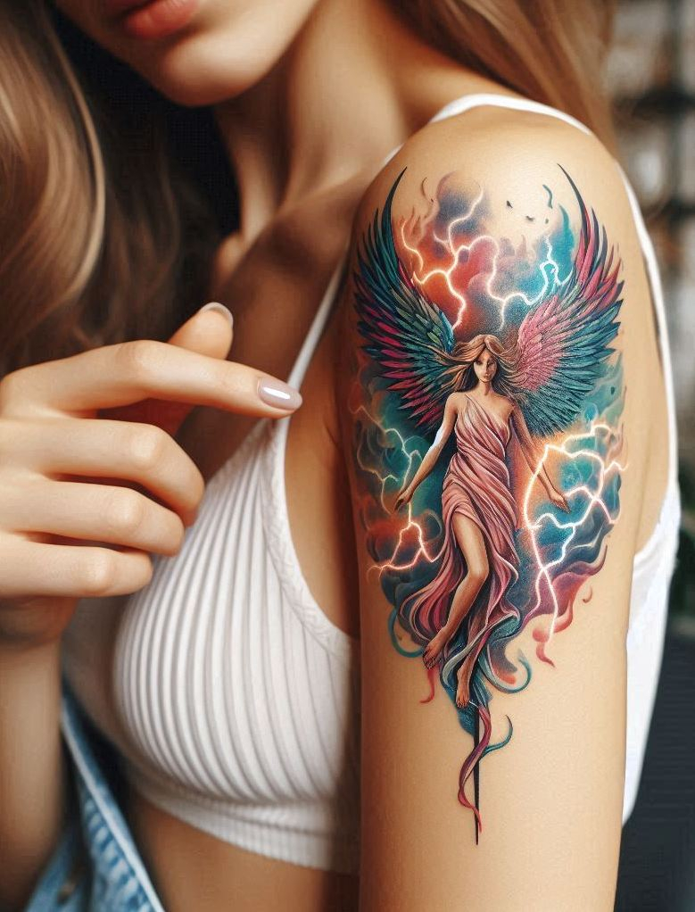 Think northern skies kissed by divine fury—Aurora angel and lightning tattoos are pure poetic rebellion wrapped in glow!