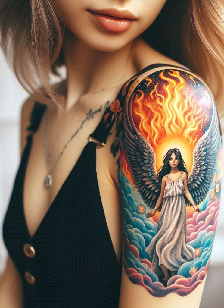 Wings blazing, soul fierce—Angel of Fire tattoos bring heavenly heat to your ink collection! Perfect for those who burn bright and rise even brighter.