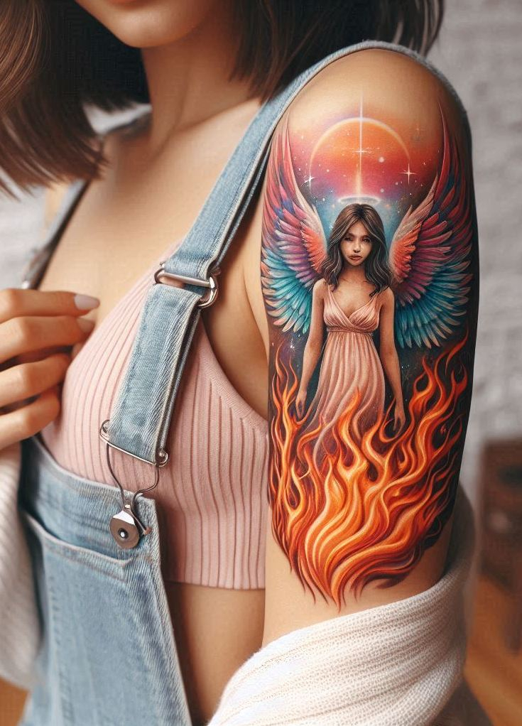 Angel of Fire tattoos are where myth meets wildfire—perfect for the ones who bring light and heat into every room they enter.