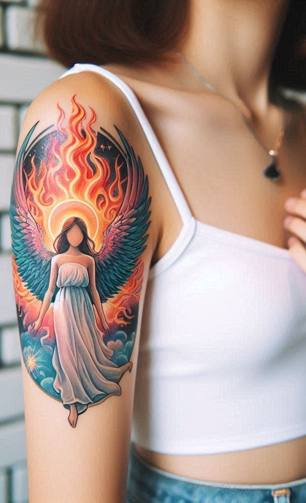 Wield heaven’s fury in style. These tattoos fuse angelic grace with infernal flair, turning skin into storytelling magic.