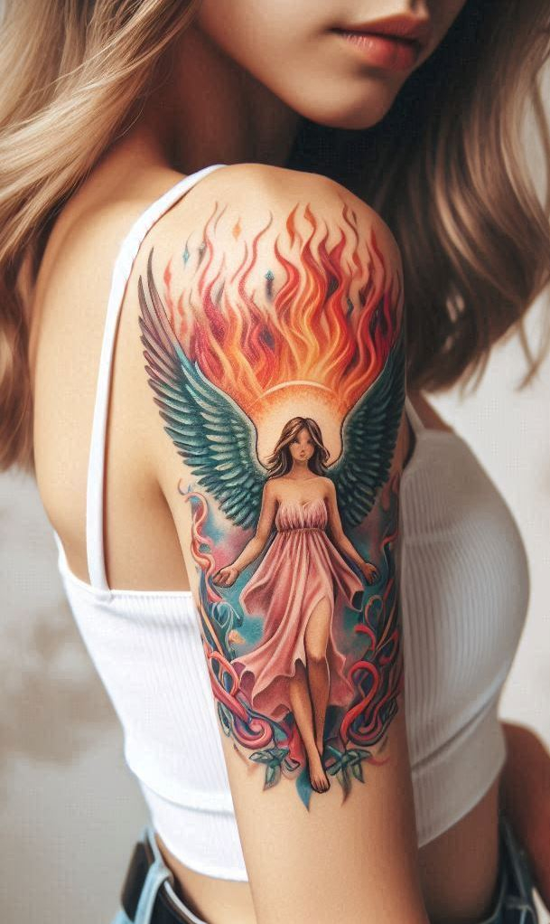 Holy fire never looked so edgy. Angel of Fire tattoo ideas blaze with energy, elegance, and a hint of celestial chaos.