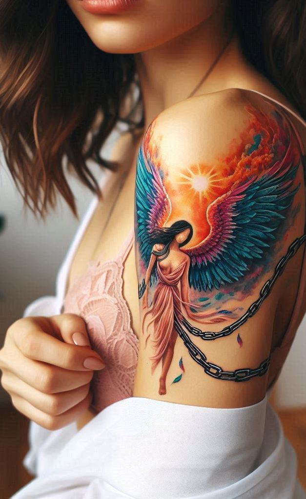 Elegant, eerie, and emotionally powerful—this tattoo captures an angel held by chains yet glowing with unbreakable spirit.