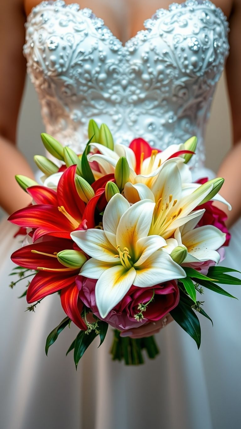80+ Bouquet Ideas: Stunning Floral Wonders | Pocoko Lilies walked into the bouquet and stole the show. Graceful, bold, and unapologetically elegant—this floral combo is what Audrey Hepburn would’ve carried down the aisle.
