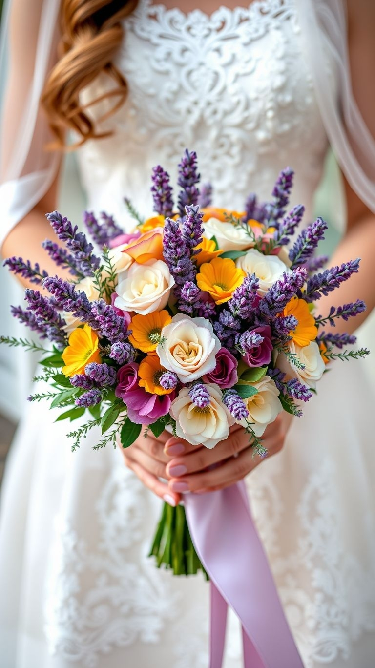 80+ Bouquet Ideas: Stunning Floral Wonders | Pocoko Lavender doesn’t shout—it hums. Nestled into layered florals, it adds a scent of storybook charm without trying too hard.