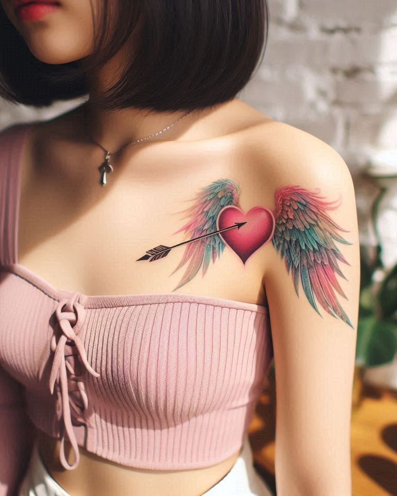 Hearts in flight and wings aflutter—love-struck angel wings tattoos are the sweetest way to wear your romance with celestial flair.