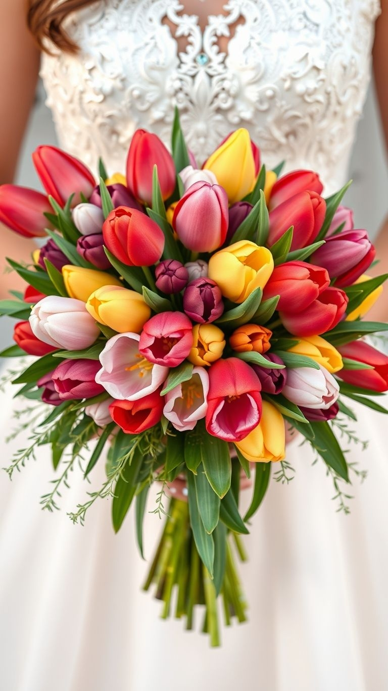 80+ Bouquet Ideas: Stunning Floral Wonders | Pocoko These tulips came dressed for a party, not just a wedding. Multicolored petals flirt with spring vibes and spill joy in every shade.