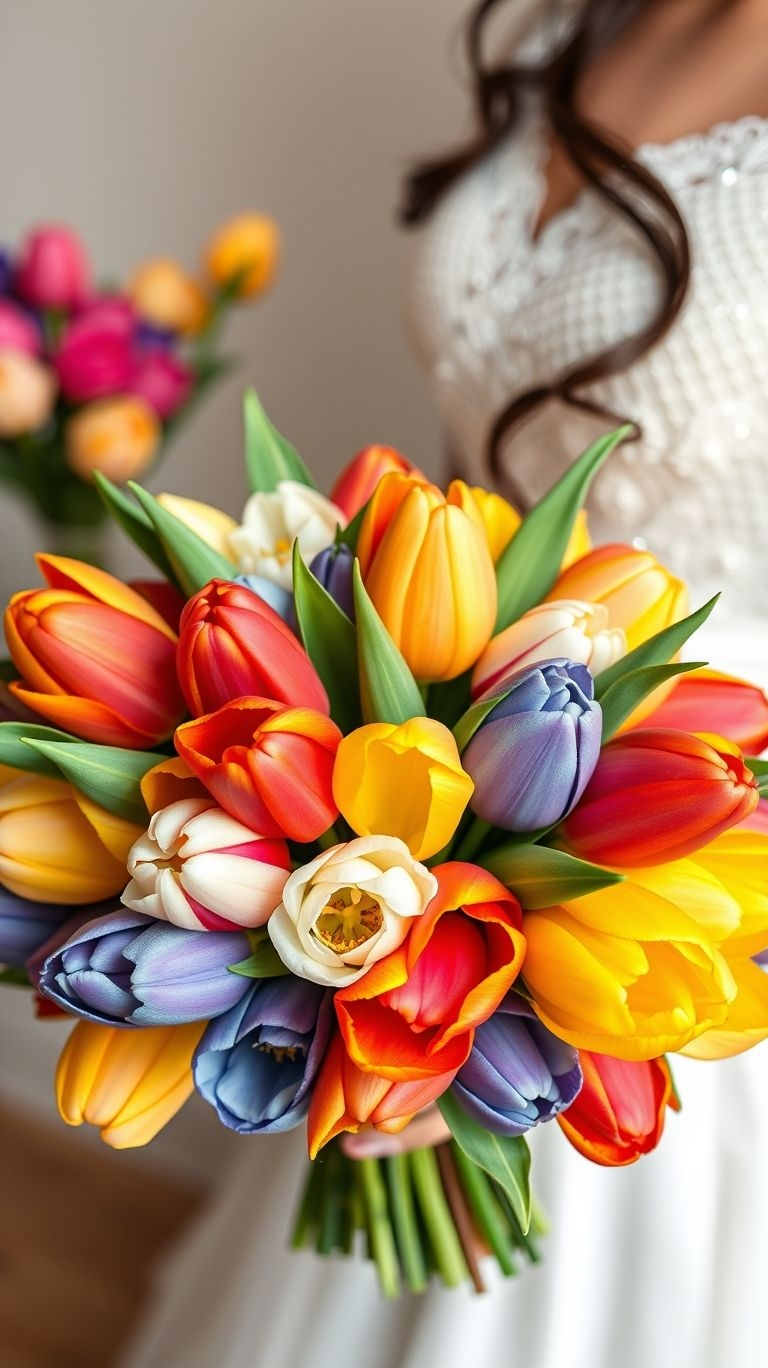 80+ Bouquet Ideas: Stunning Floral Wonders | Pocoko Not your grandma’s bouquet—this tulip mix is a full-on celebration of color, sass, and bridal confidence. Who knew florals could throw their own confetti?