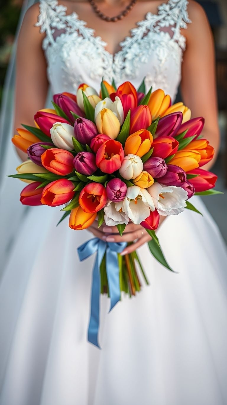 80+ Bouquet Ideas: Stunning Floral Wonders | Pocoko Tulips in technicolor? Yes please. This bouquet turns “I do” into a rainbow-splashed runway moment.