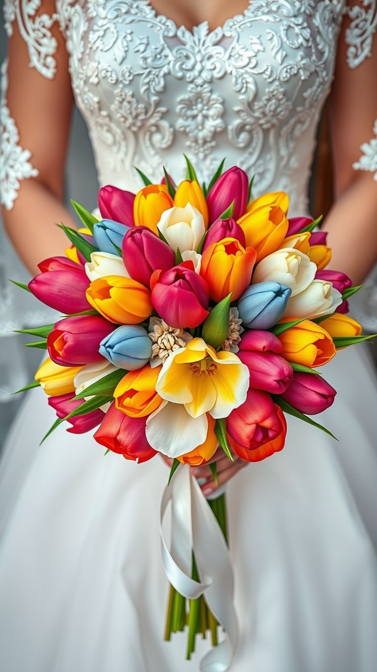 80+ Bouquet Ideas: Stunning Floral Wonders | Pocoko This floral mix is like mood rings made botanical. Multicolored tulips shift from sweet to bold in a single glance—just like love.