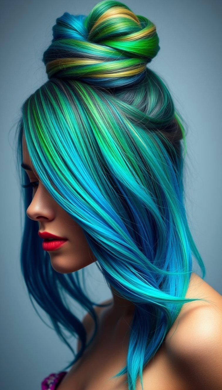 Neon high buns: defying gravity and dullness simultaneously. Colorful, chaotic, and totally you.