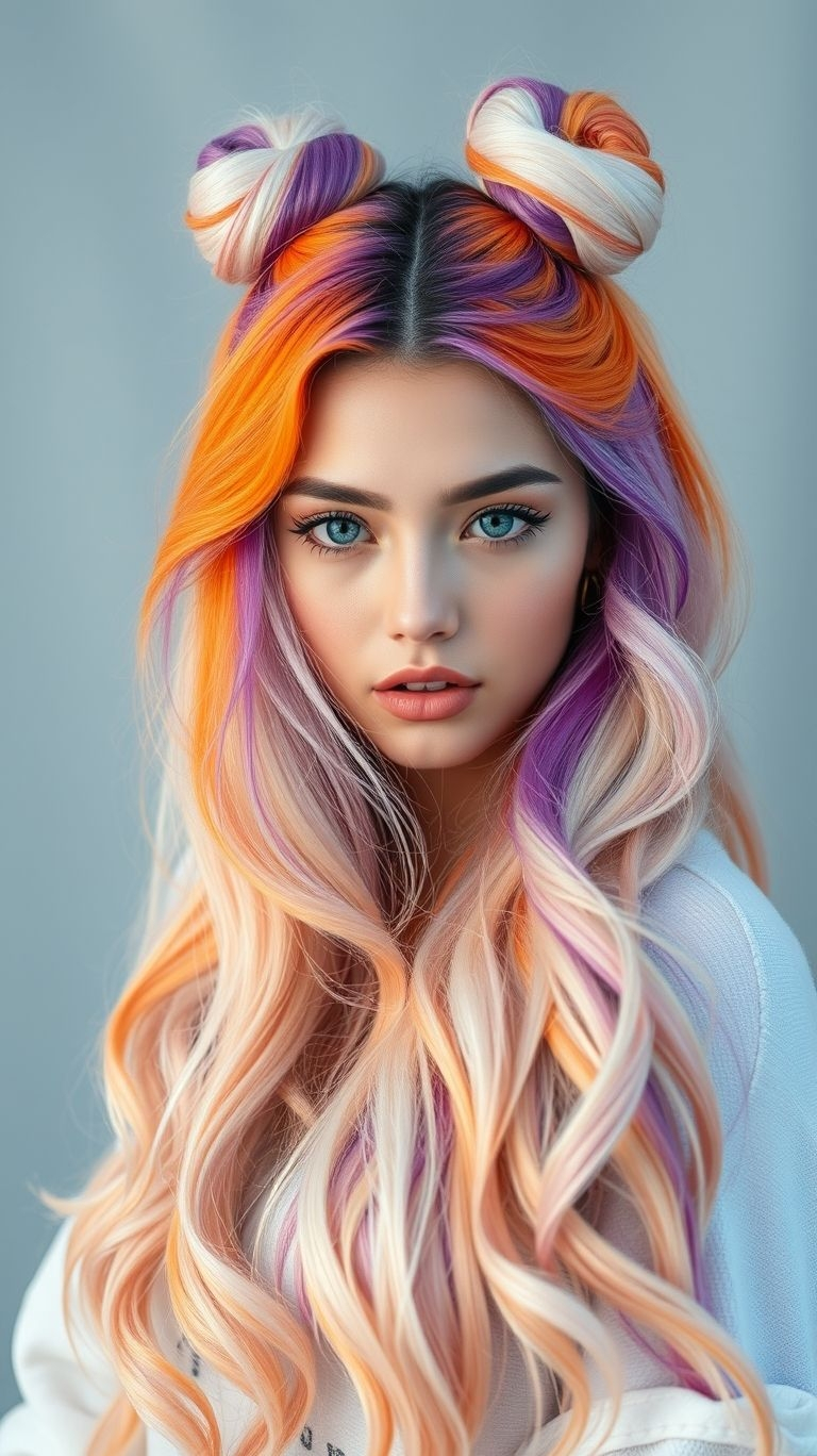 Double buns? Double trouble—in the prettiest sunset palette you’ve ever seen. These ombre colors are giving firecracker meets fairy vibes!