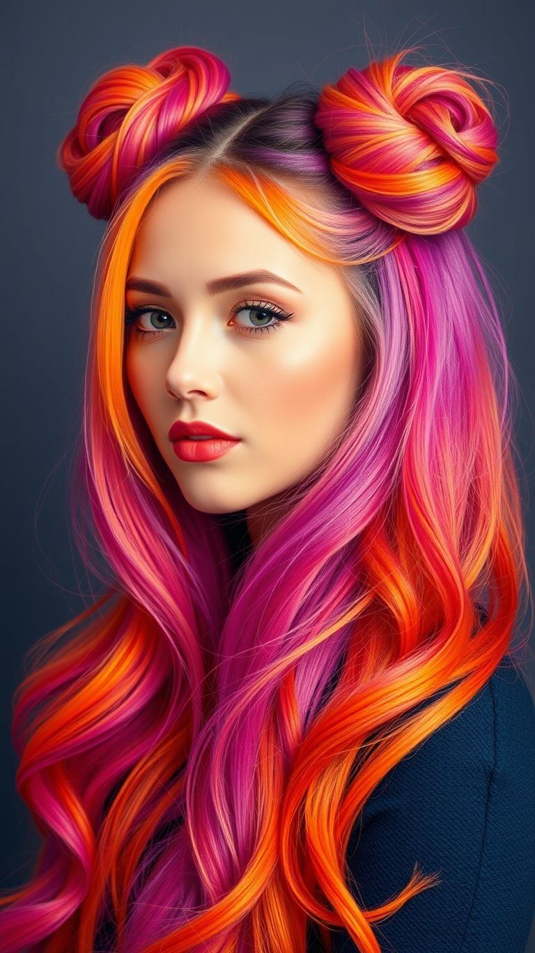 Double buns bursting with color? It’s like your scalp decided to throw its own tie-dye party—and everyone’s invited.