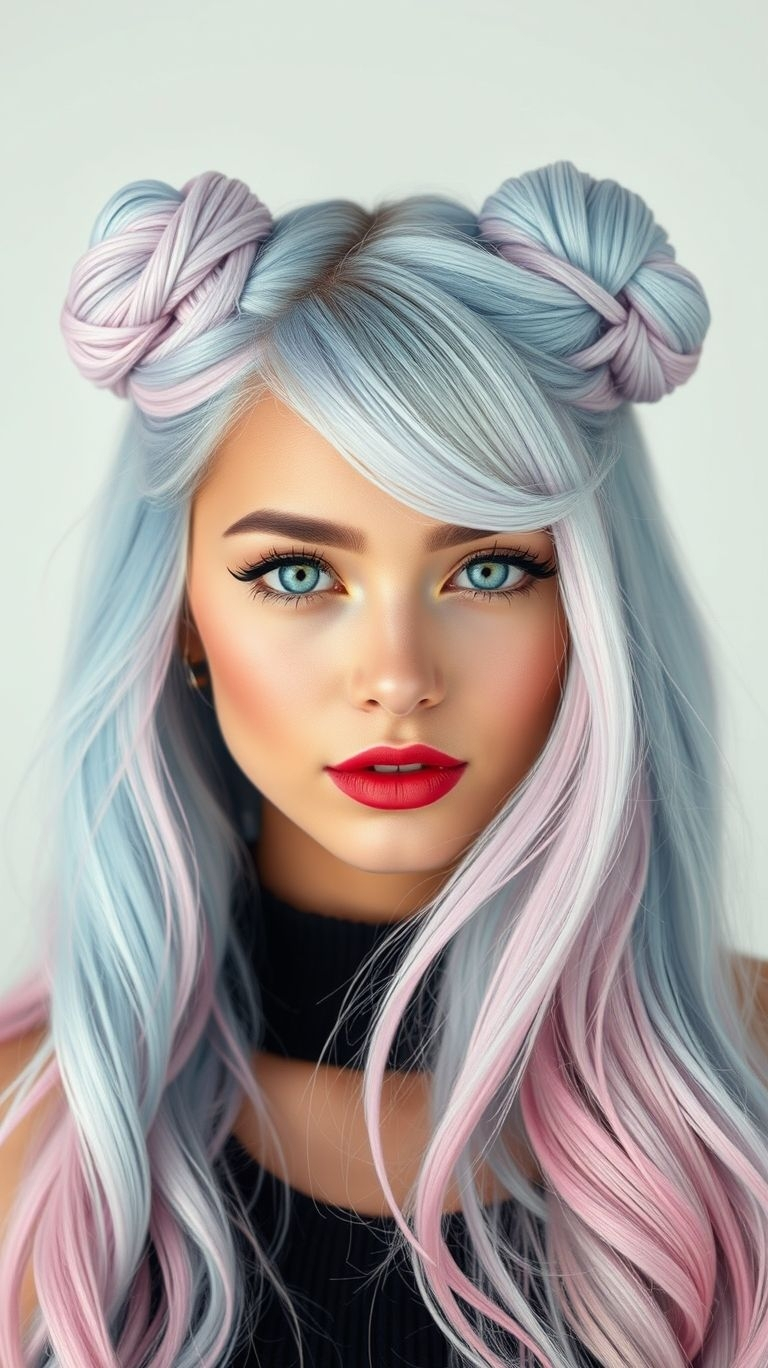 Why choose one color when you can have a cosmic swirl of blond, orange, pink, and purple spun into twin buns of glory?