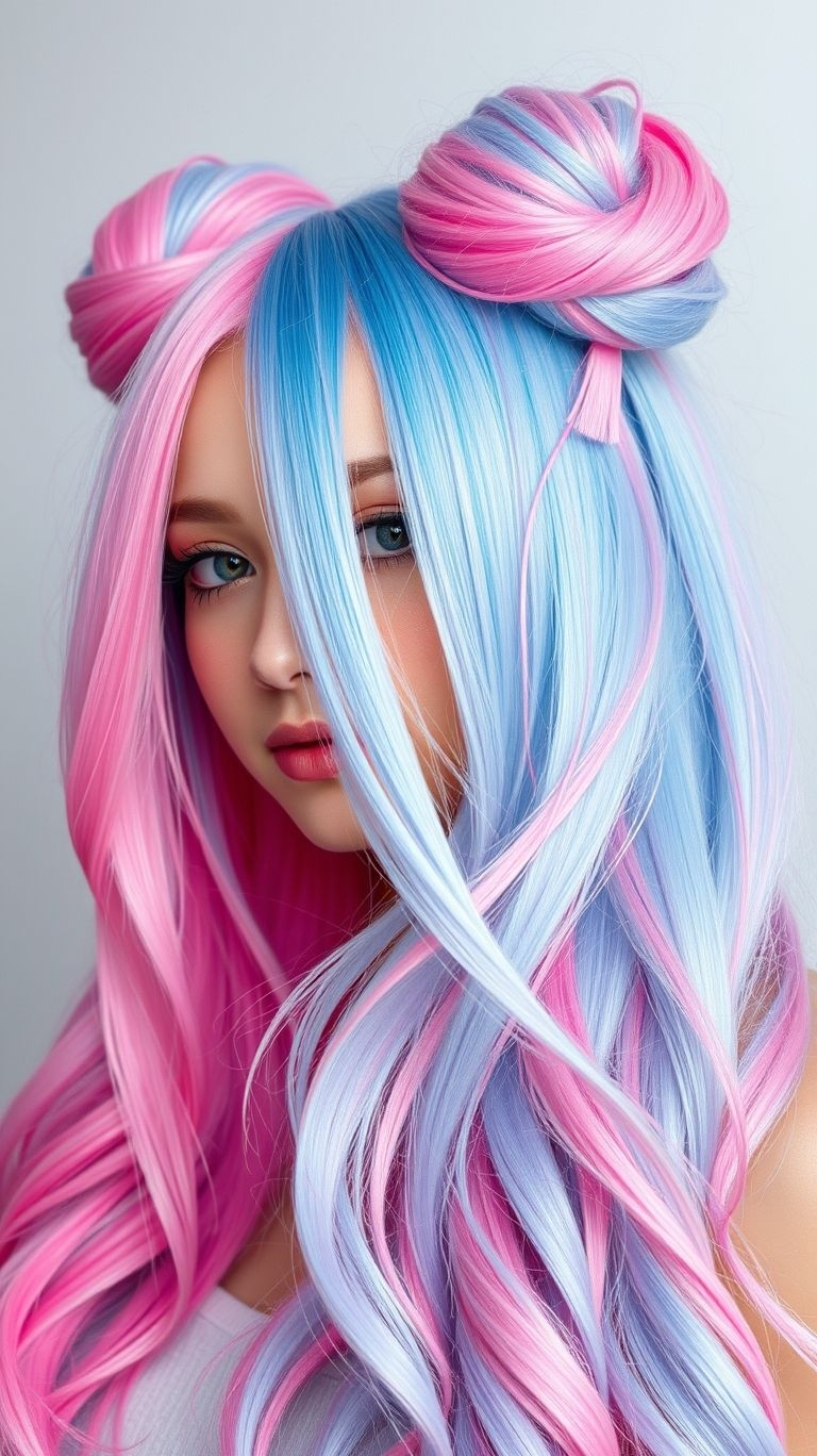 Sunset on top, sass on the sides—these double buns serve blond to purple ombré drama in every twist and twirl.