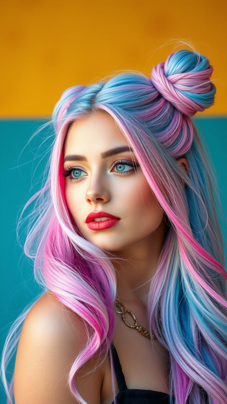 Pink clouds, orange spice, and purple haze all wrapped into high double buns? This hairstyle is basically mood made visible.