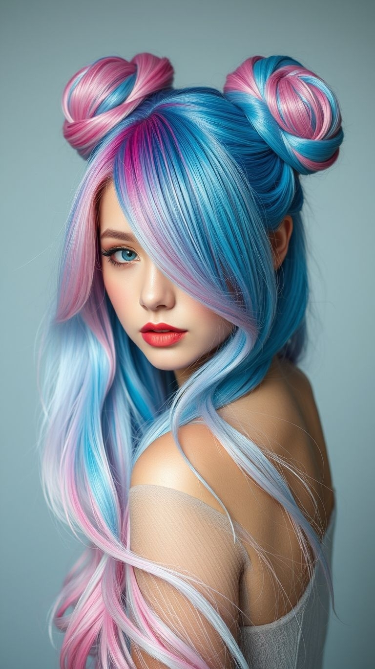 Feeling bold and beautifully multicolored? These ombre buns put blond, orange, pink, and purple on a pedestal—and that pedestal is your head.